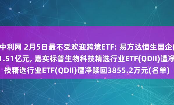 中利网 2月5日最不受欢迎跨境ETF: 易方达恒生国企(QDII-ETF)遭净赎回1.51亿元, 嘉实标普生物科技精选行业ETF(QDII)遭净赎回3855.2万元(名单)